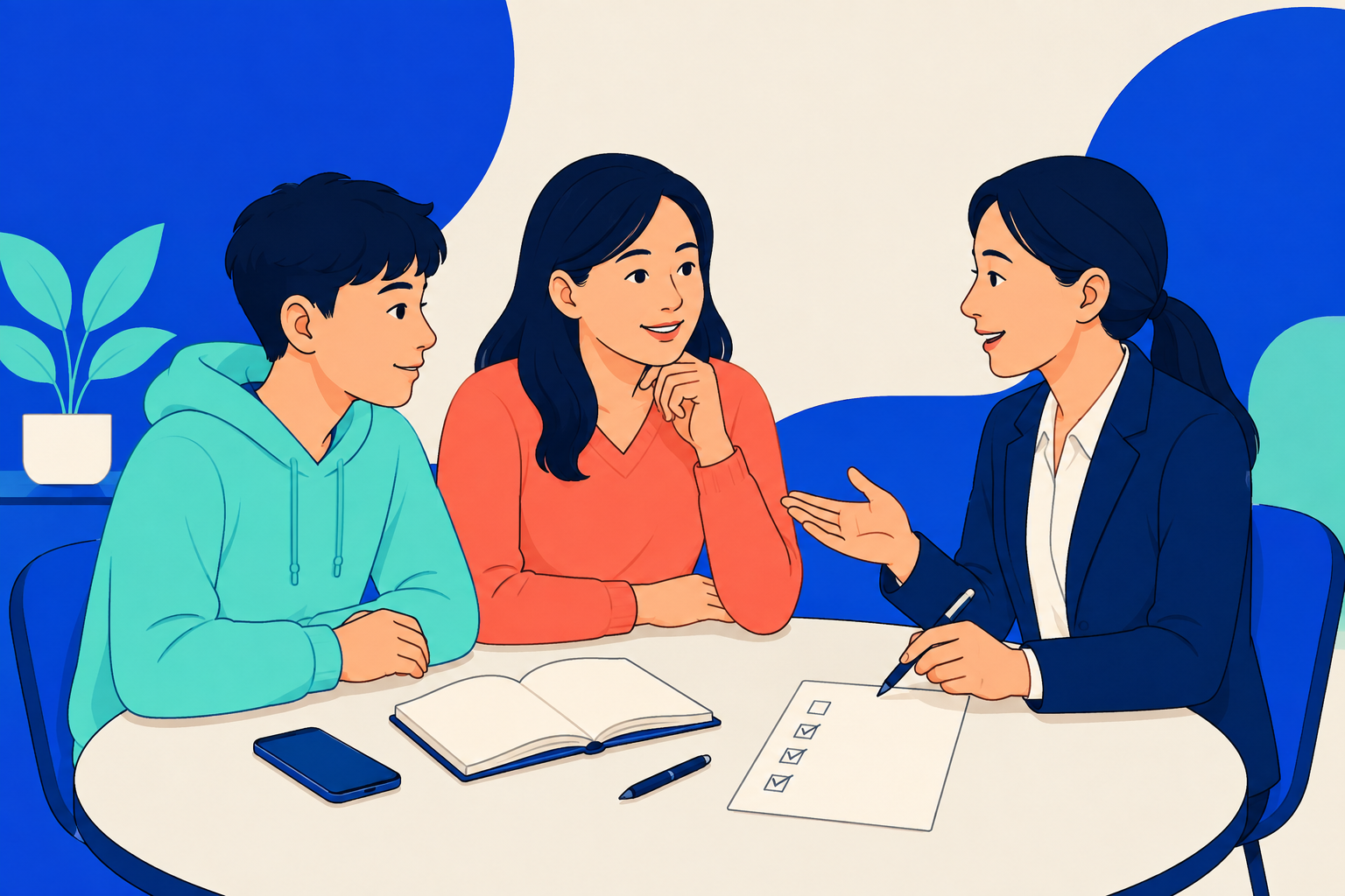 Minh họa học sinh, phụ huynh và tư vấn viên trao đổi quanh bàn với điện thoại, sổ và danh sách việc cần làm
