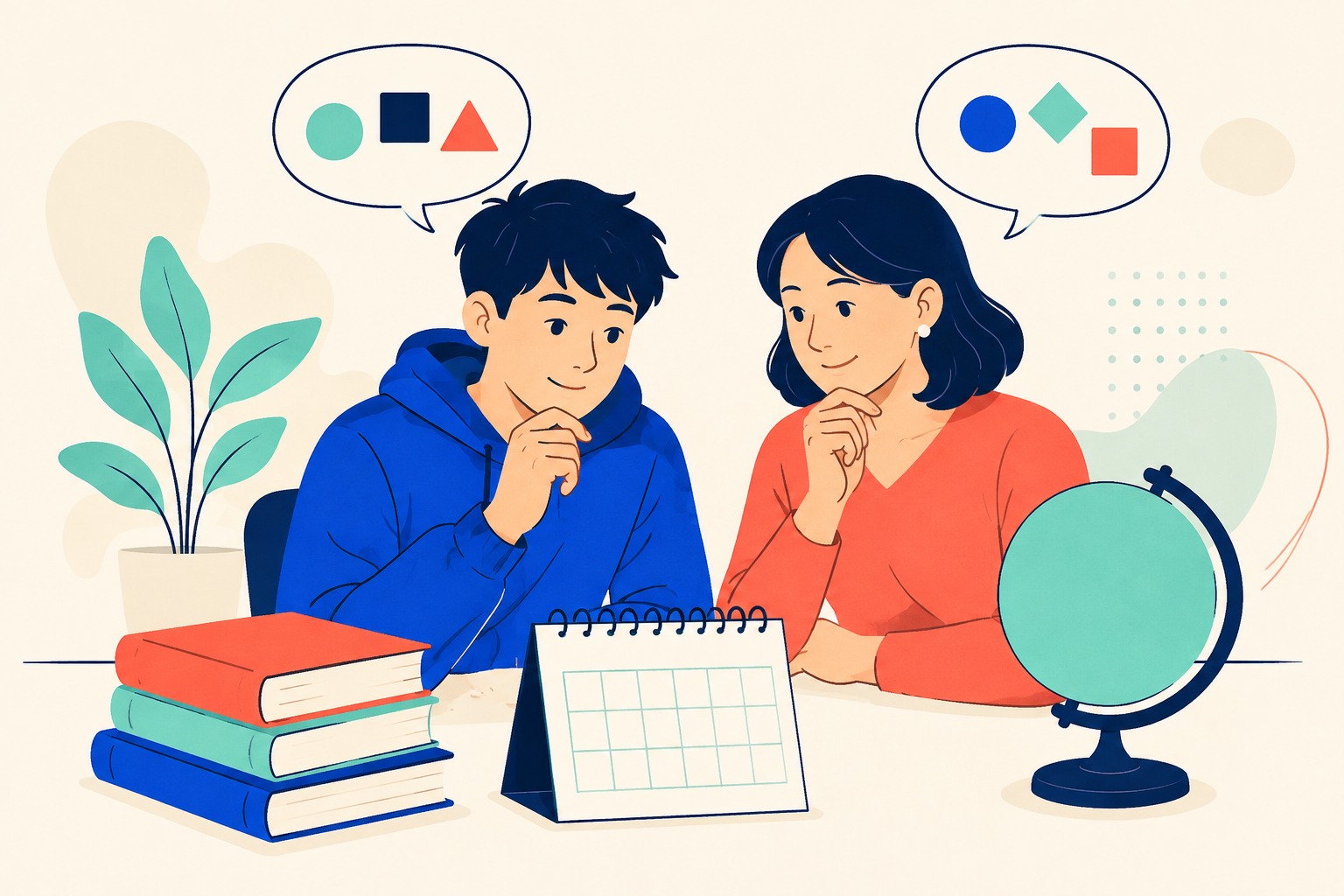 Minh họa học sinh và phụ huynh cùng cân nhắc sách, lịch và định hướng học tập